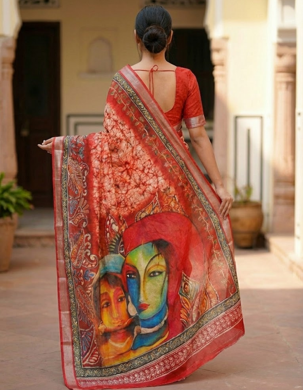 Soft Linen Cotton Saree with Batik Digital Prints & Silver Zari Border