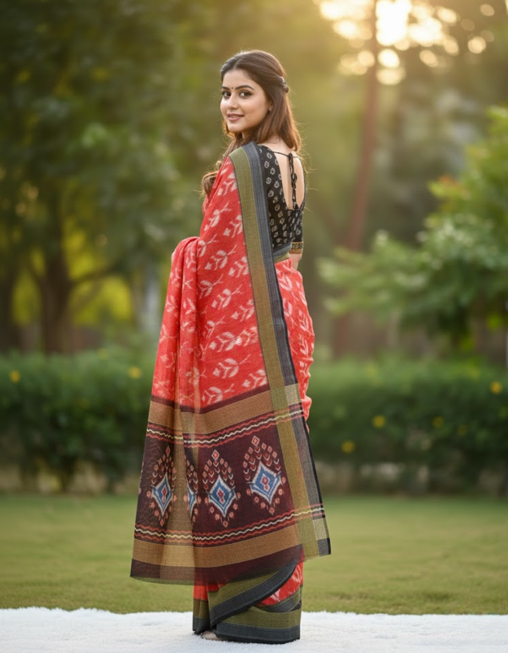 Soft Linen Cotton Saree with Ikkat Digital Prints & Silver Zari Border