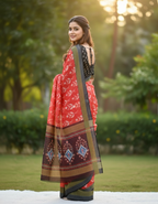 Soft Linen Cotton Saree with Ikkat Digital Prints & Silver Zari Border