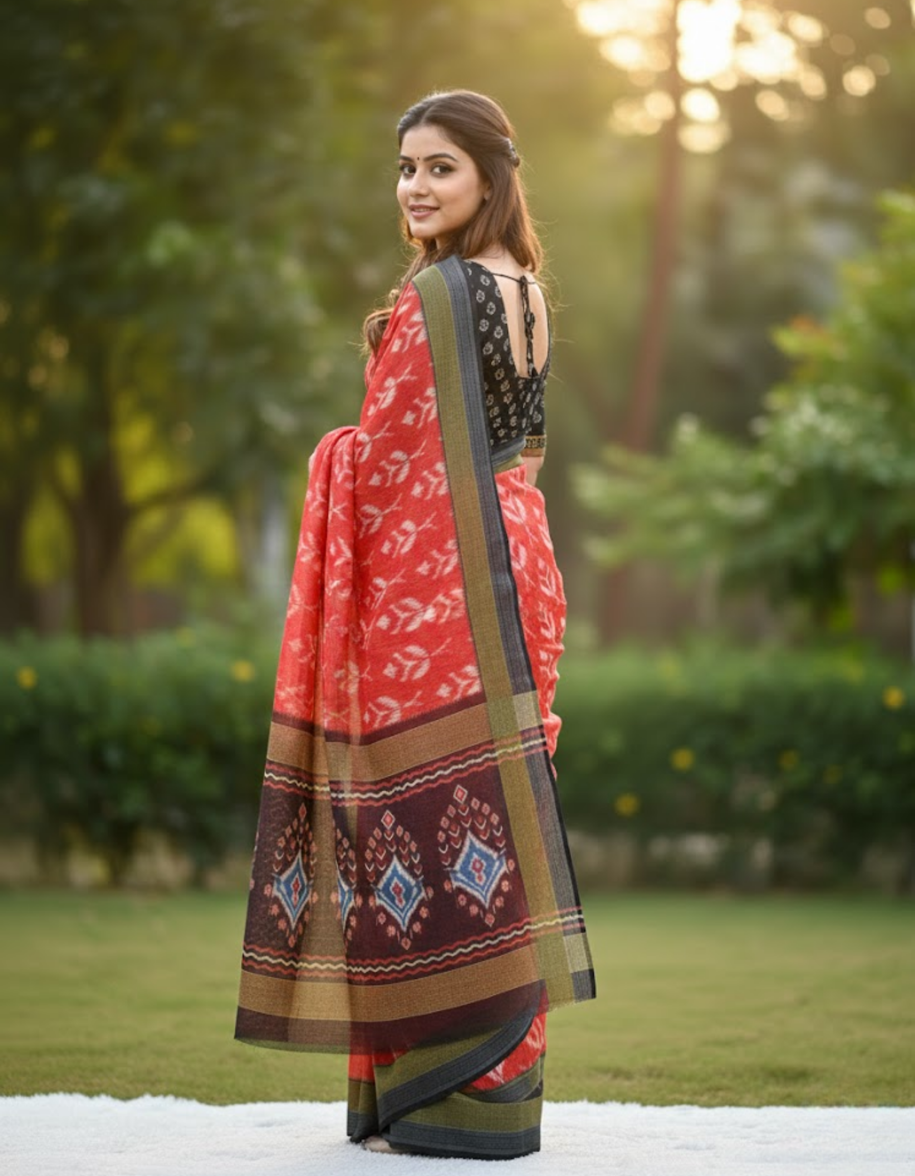 Soft Linen Cotton Saree with Ikkat Digital Prints & Silver Zari Border