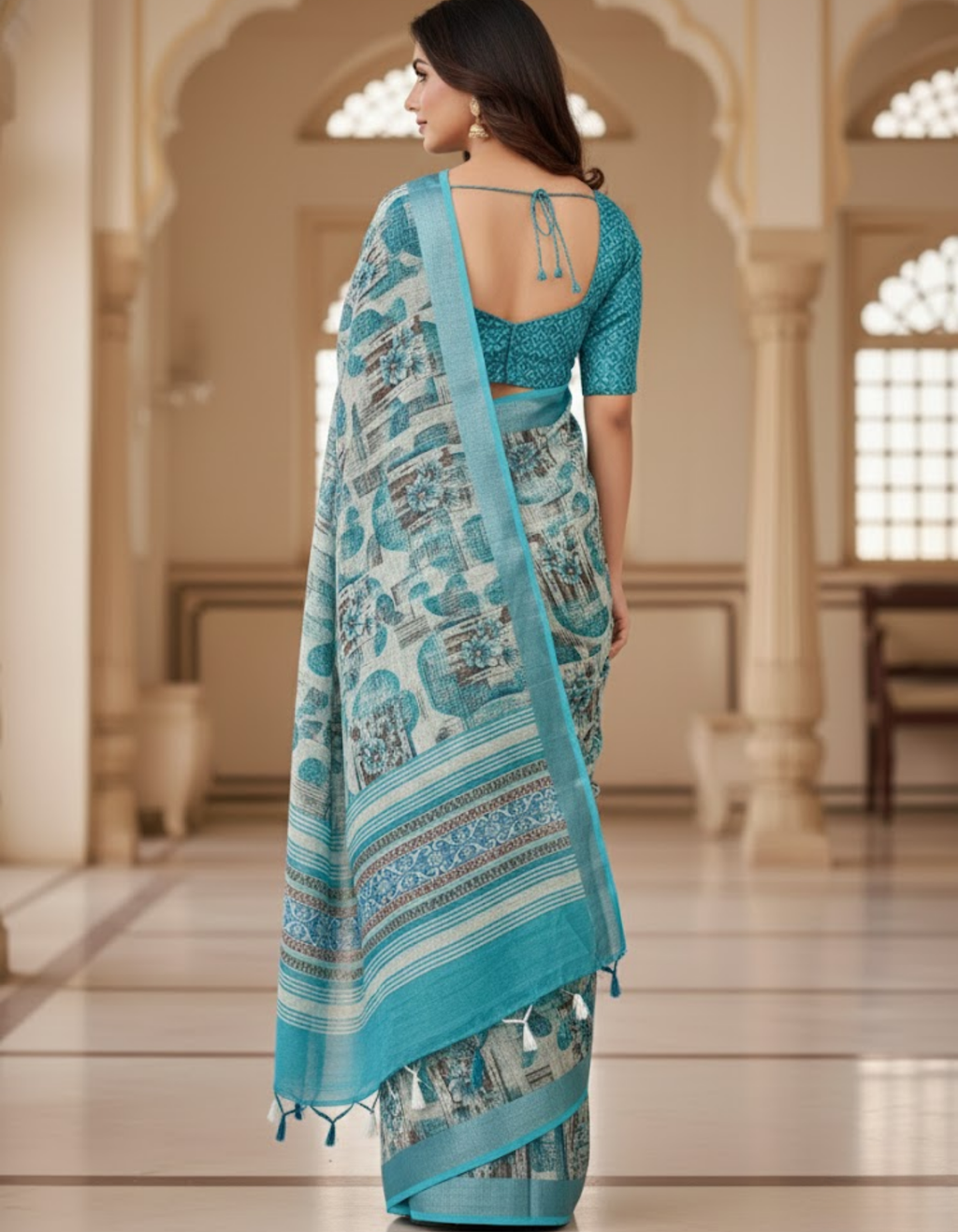 Linen Cotton Saree with Floral Digital Prints