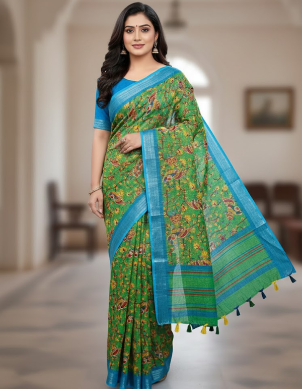 Linen Cotton Saree with Zari Weave Border & Pichwai Kalamkari Digital Prints