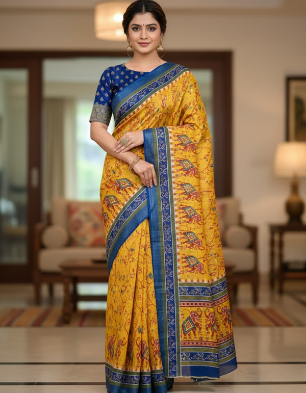 Soft Linen Cotton Saree with Ikkat Digital Prints & Silver Zari Border
