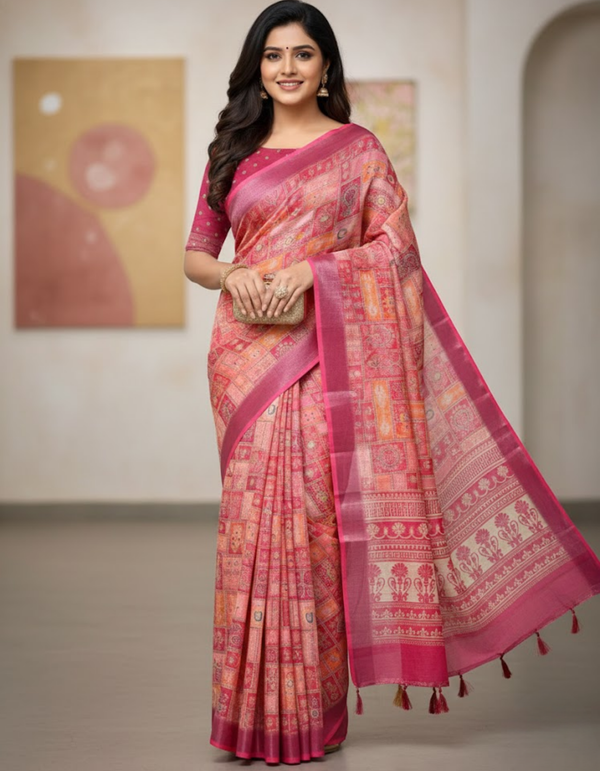 Linen Cotton Saree with Floral Digital Prints