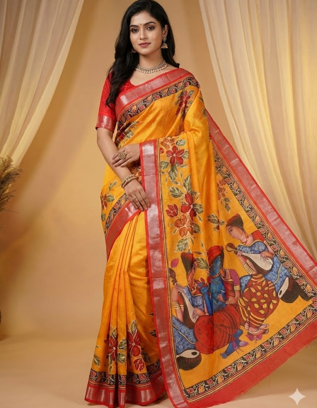 Soft Linen Cotton Saree with Batik Digital Prints & Silver Zari Border
