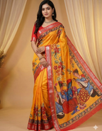 Soft Linen Cotton Saree with Batik Digital Prints & Silver Zari Border