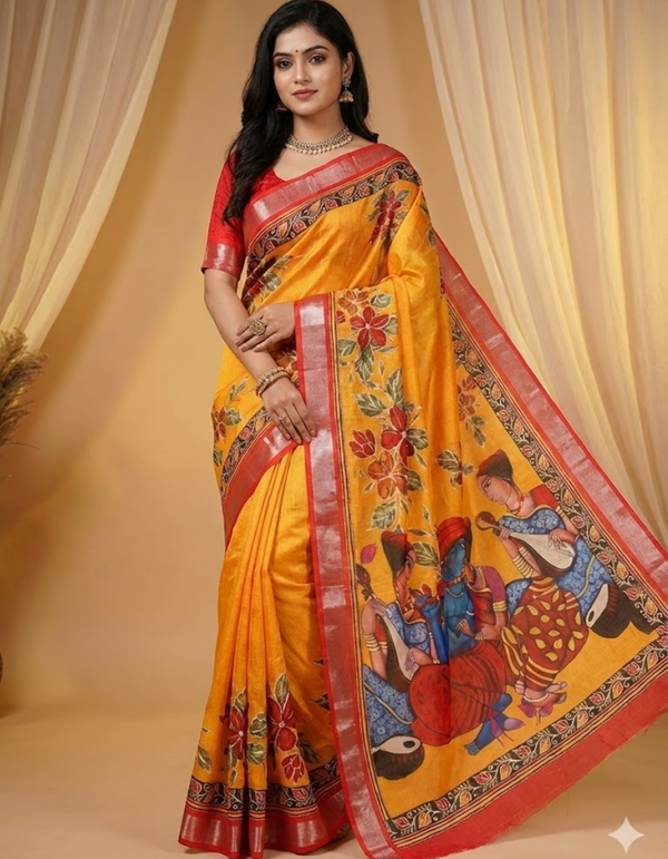 Soft Linen Cotton Saree with Batik Digital Prints & Silver Zari Border