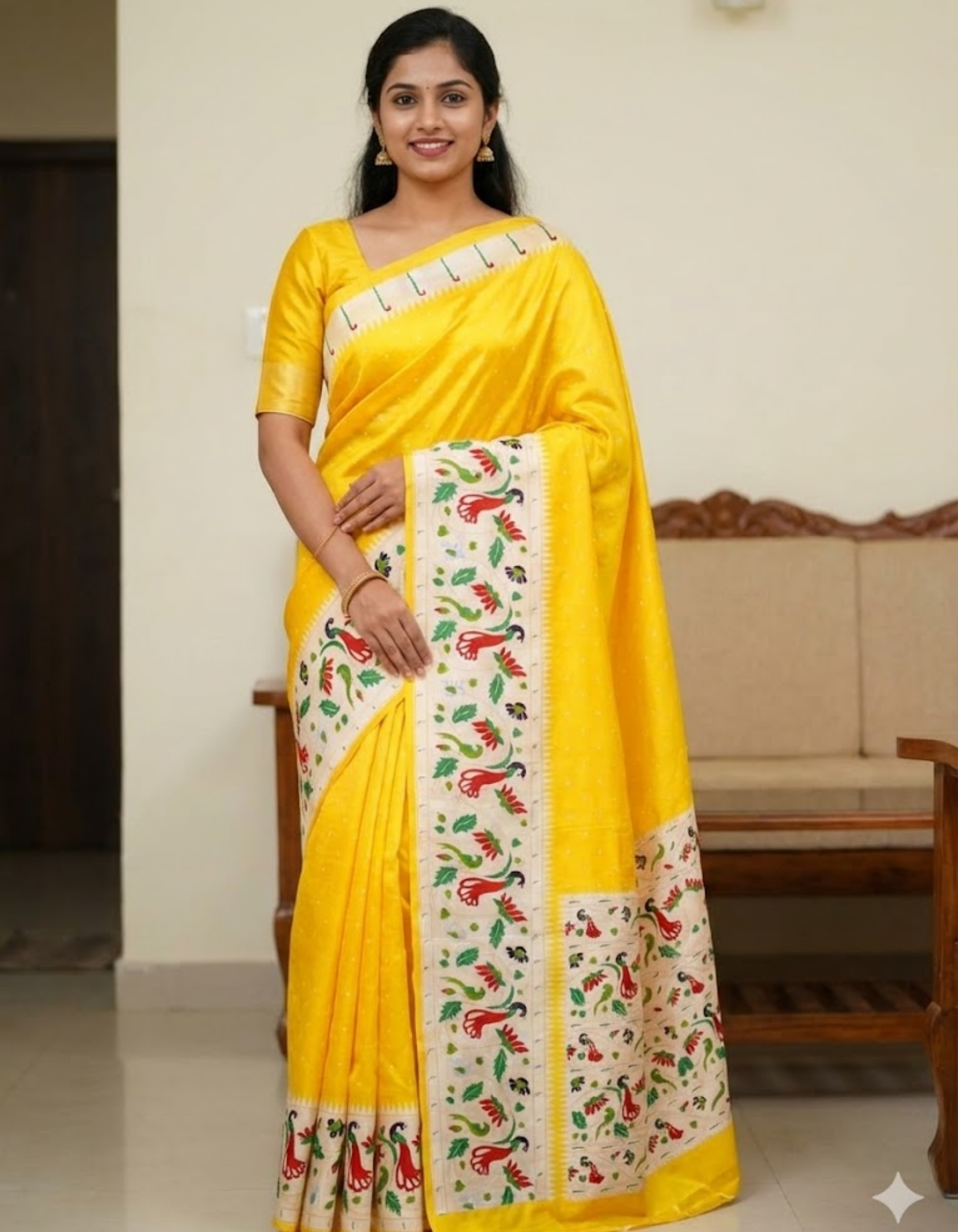 Yellow Soft Silk Saree with Paithani Digital Print