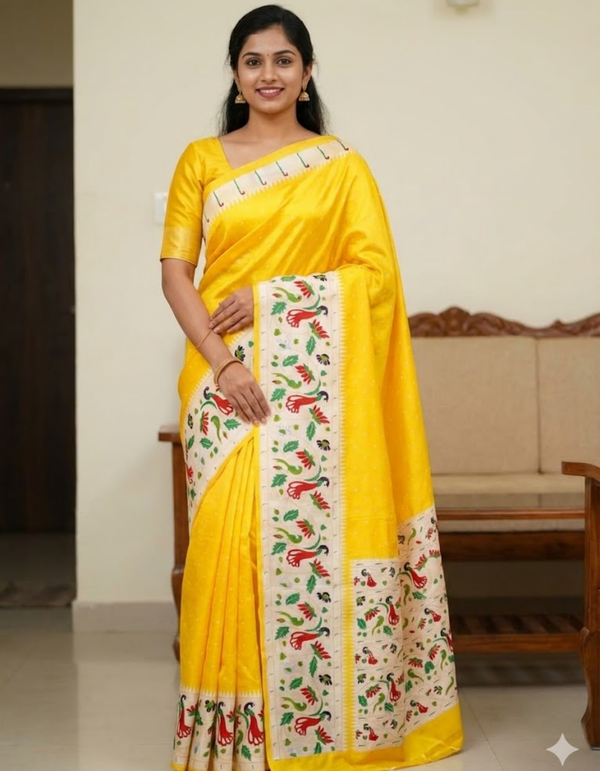 Yellow Soft Silk Saree with Paithani Digital Print