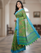 Linen Cotton Saree with Zari Weave Border & Pichwai Kalamkari Digital Prints