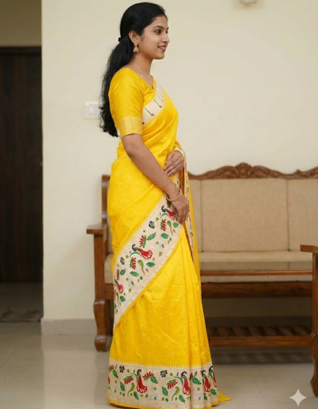 Yellow Soft Silk Saree with Paithani Digital Print