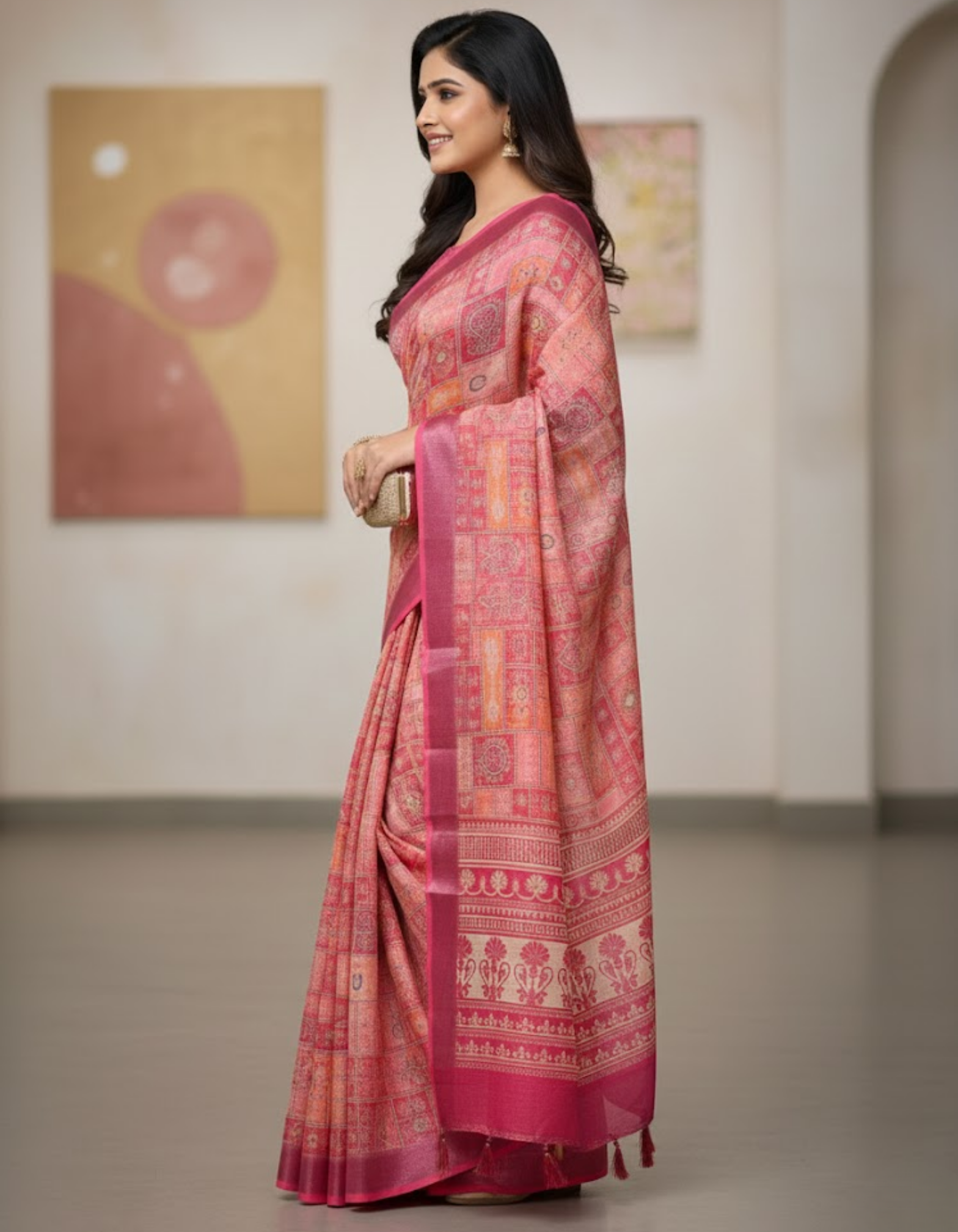 Linen Cotton Saree with Floral Digital Prints