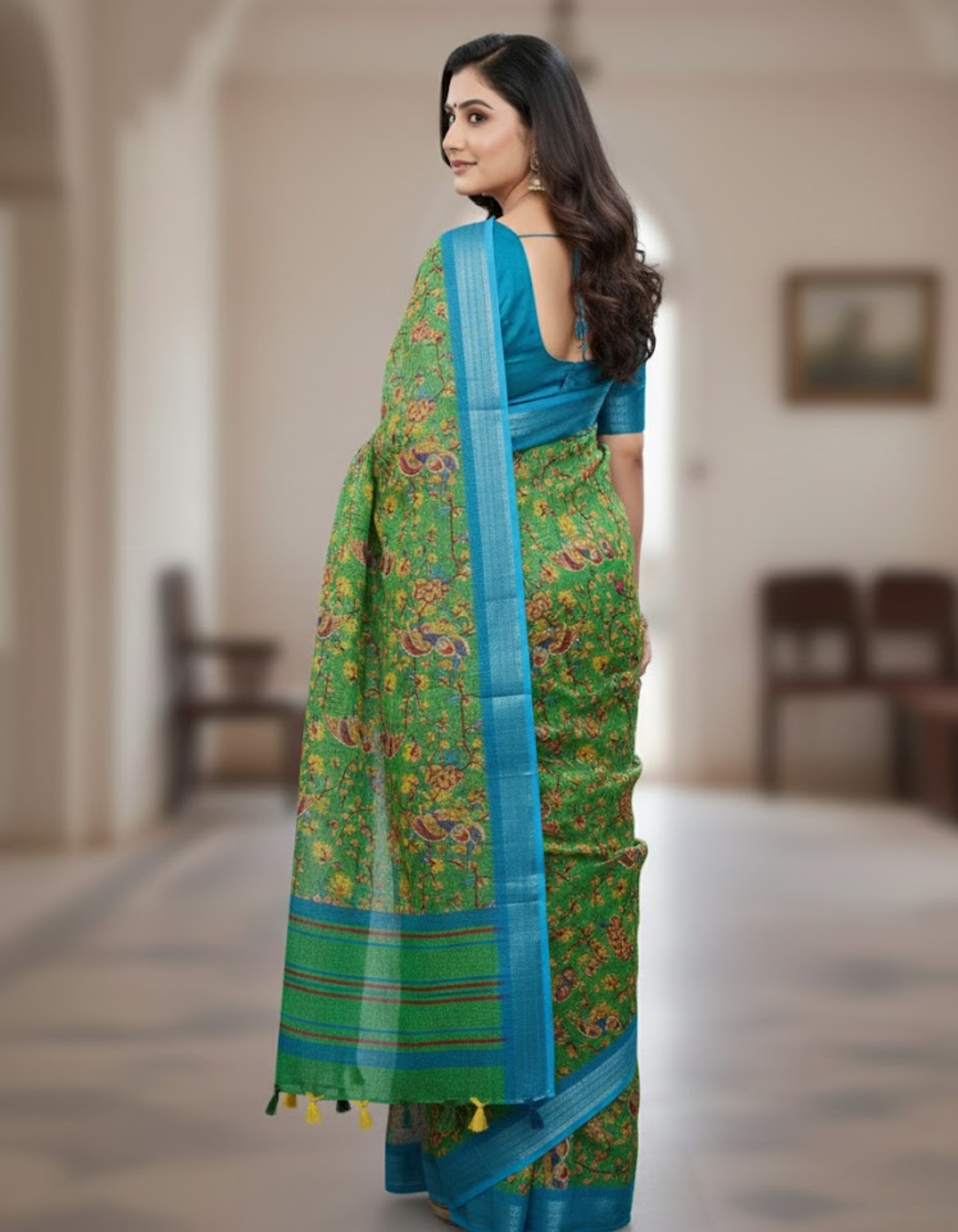 Linen Cotton Saree with Zari Weave Border & Pichwai Kalamkari Digital Prints
