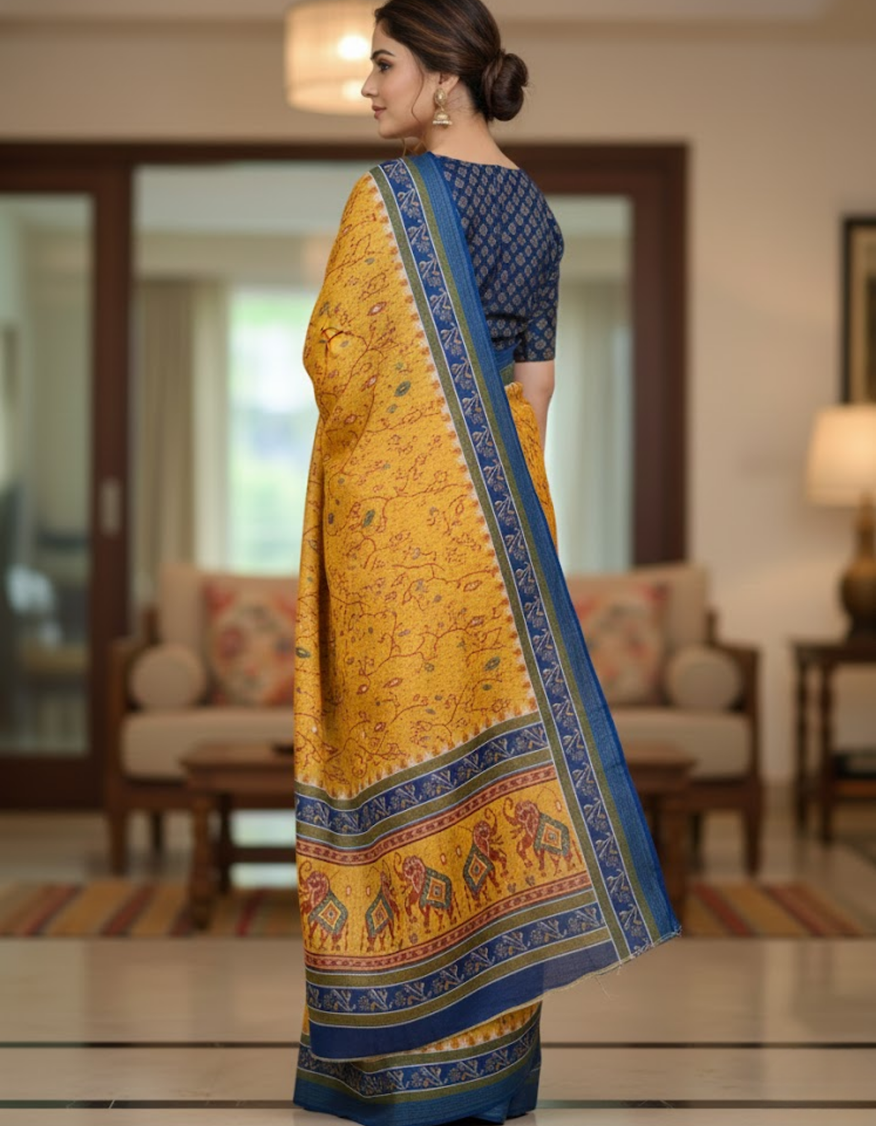Soft Linen Cotton Saree with Ikkat Digital Prints & Silver Zari Border