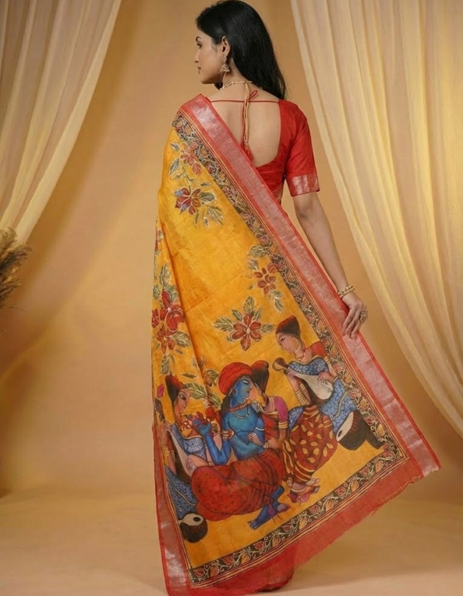 Soft Linen Cotton Saree with Batik Digital Prints & Silver Zari Border