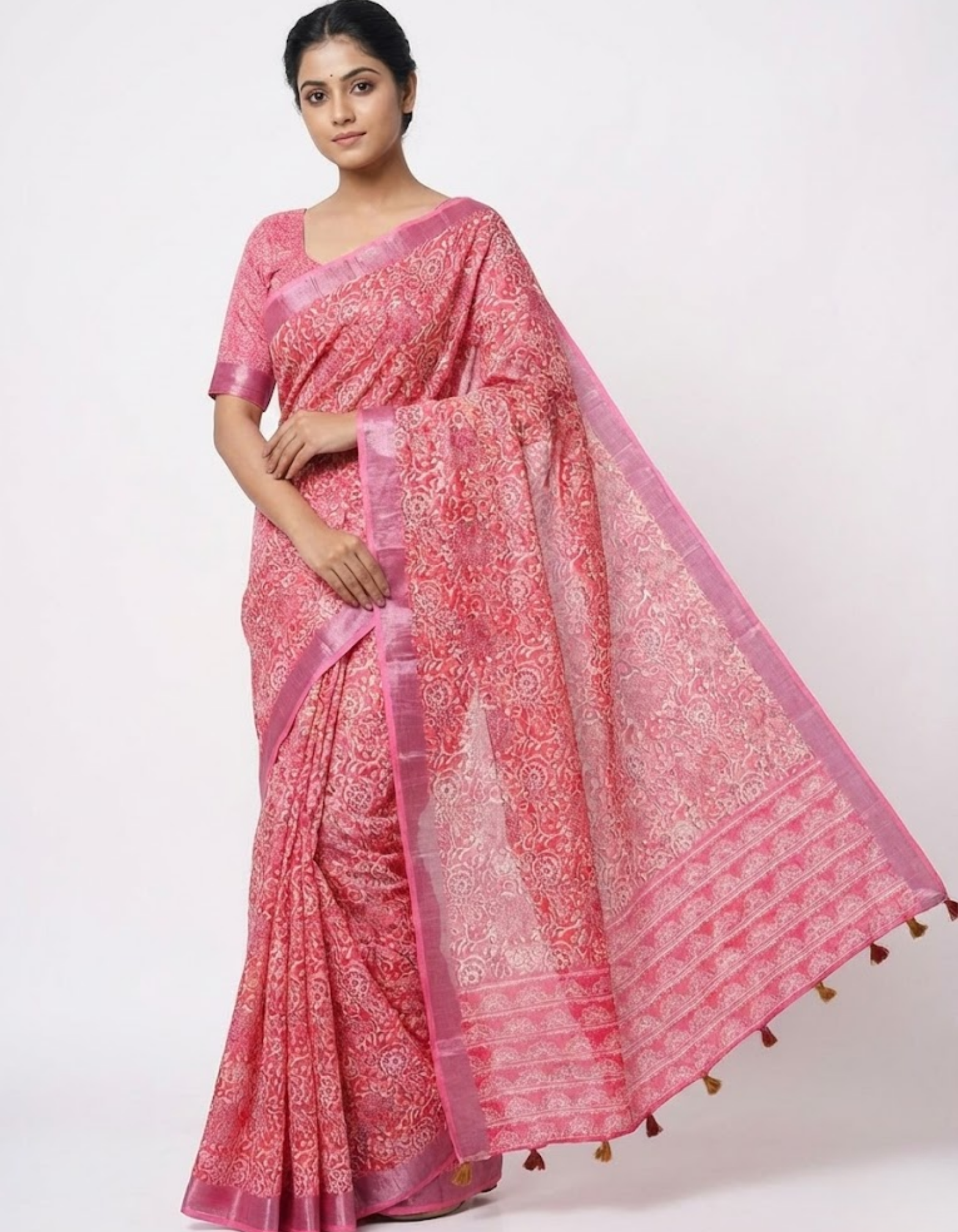 Linen Cotton Saree with Floral Digital Prints