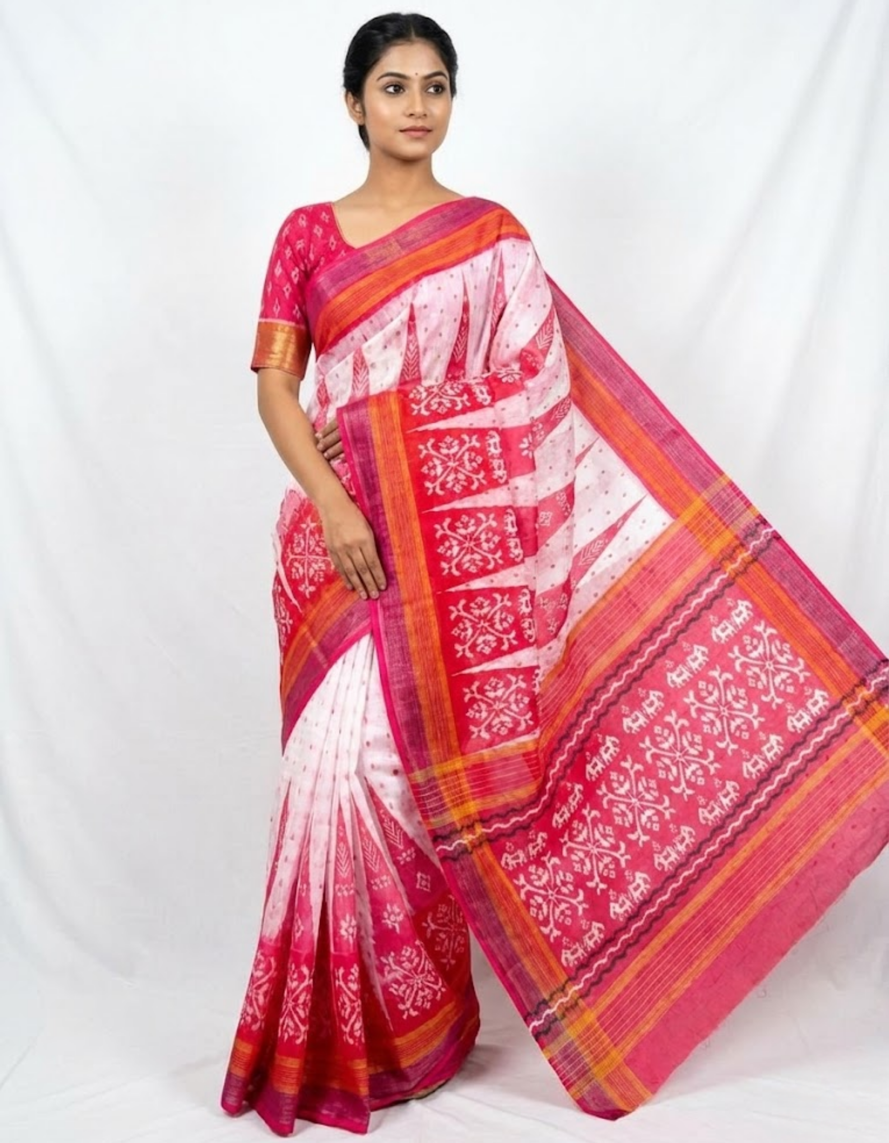Soft Linen Cotton Saree with Ikkat Digital Prints & Silver Zari Border