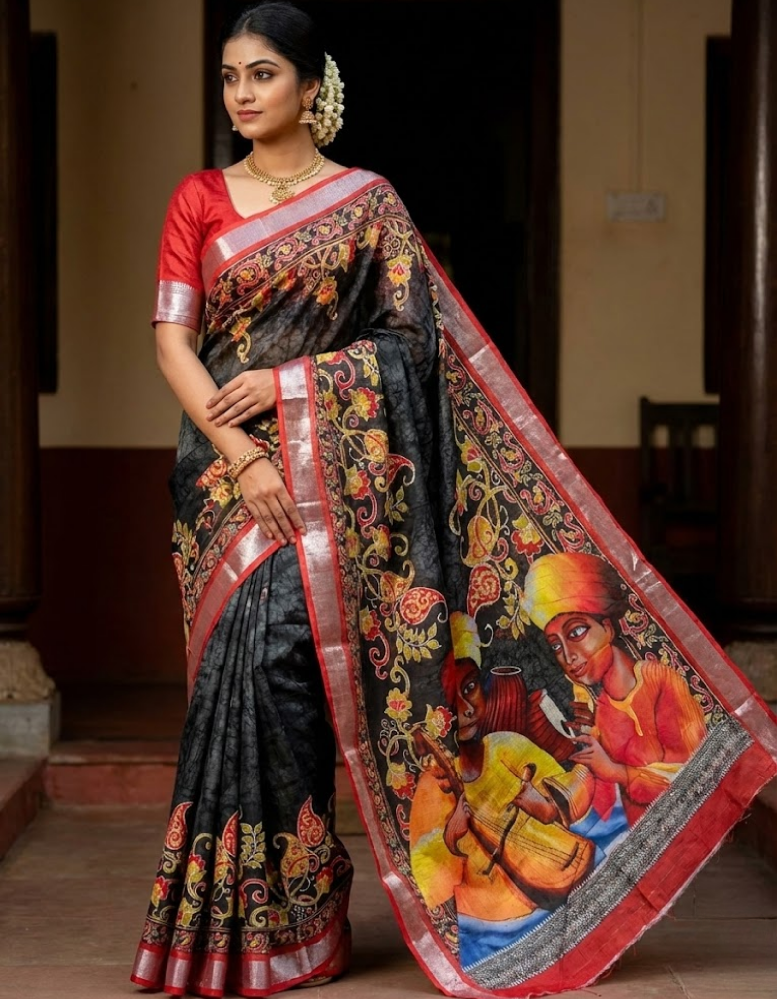 Soft Linen Cotton Saree with Batik Digital Prints & Silver Zari Border