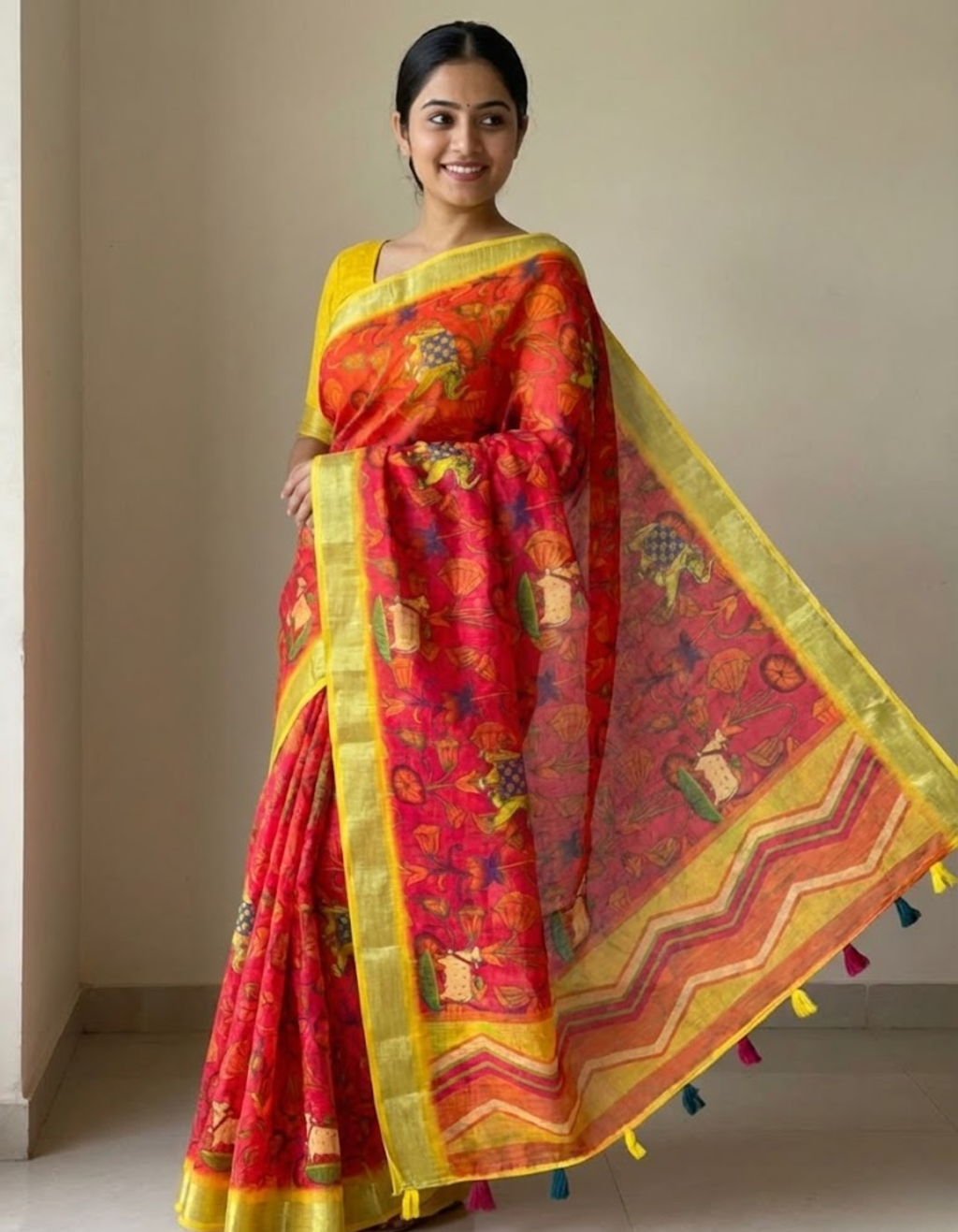 Linen Cotton Saree with Zari Weave Border & Pichwai Kalamkari Digital Prints