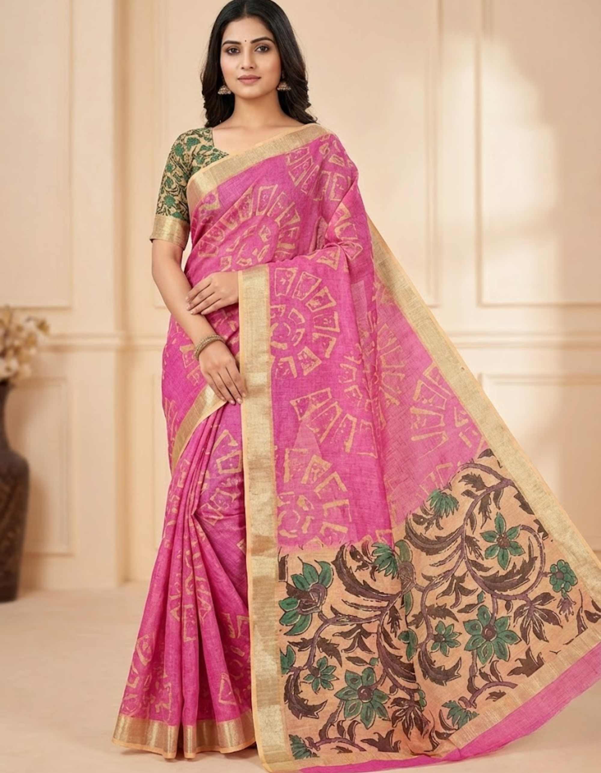 Pink Linen Cotton Saree with Silver Zari Border, Graphic Digital Print Body & Kalamkari Floral Pallu