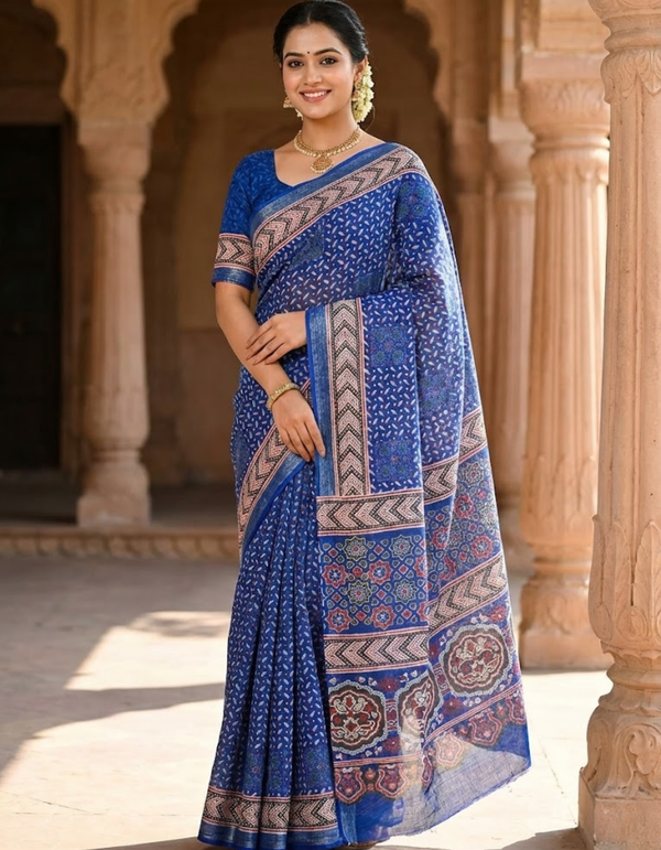 Soft Linen Cotton Saree with Ajrakh Digital Prints & Silver Zari Border