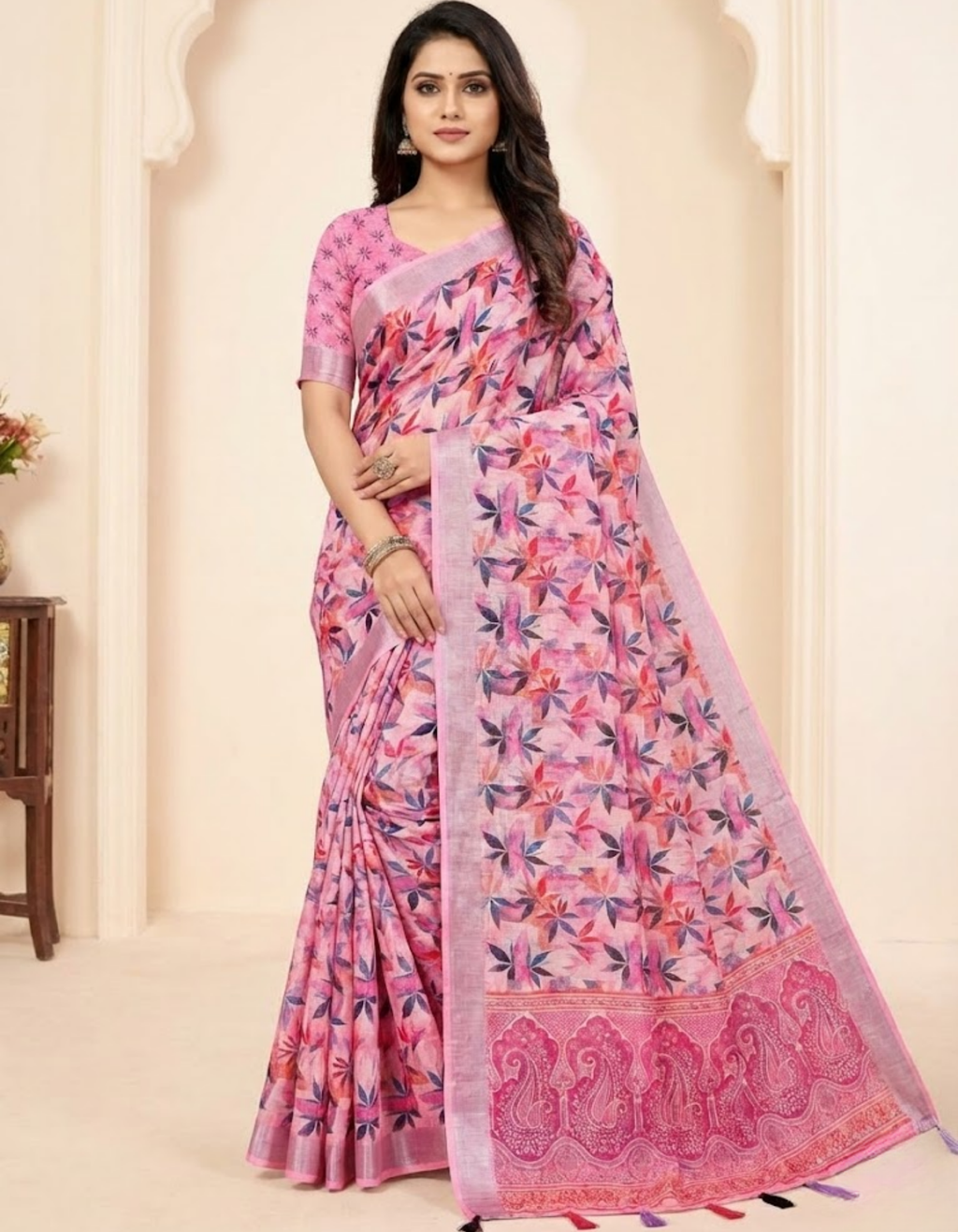 Multicolor Linen Cotton Saree with Floral Digital Prints