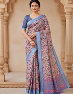 Linen Cotton Saree with Zari Weave Border & Floral Digital Prints