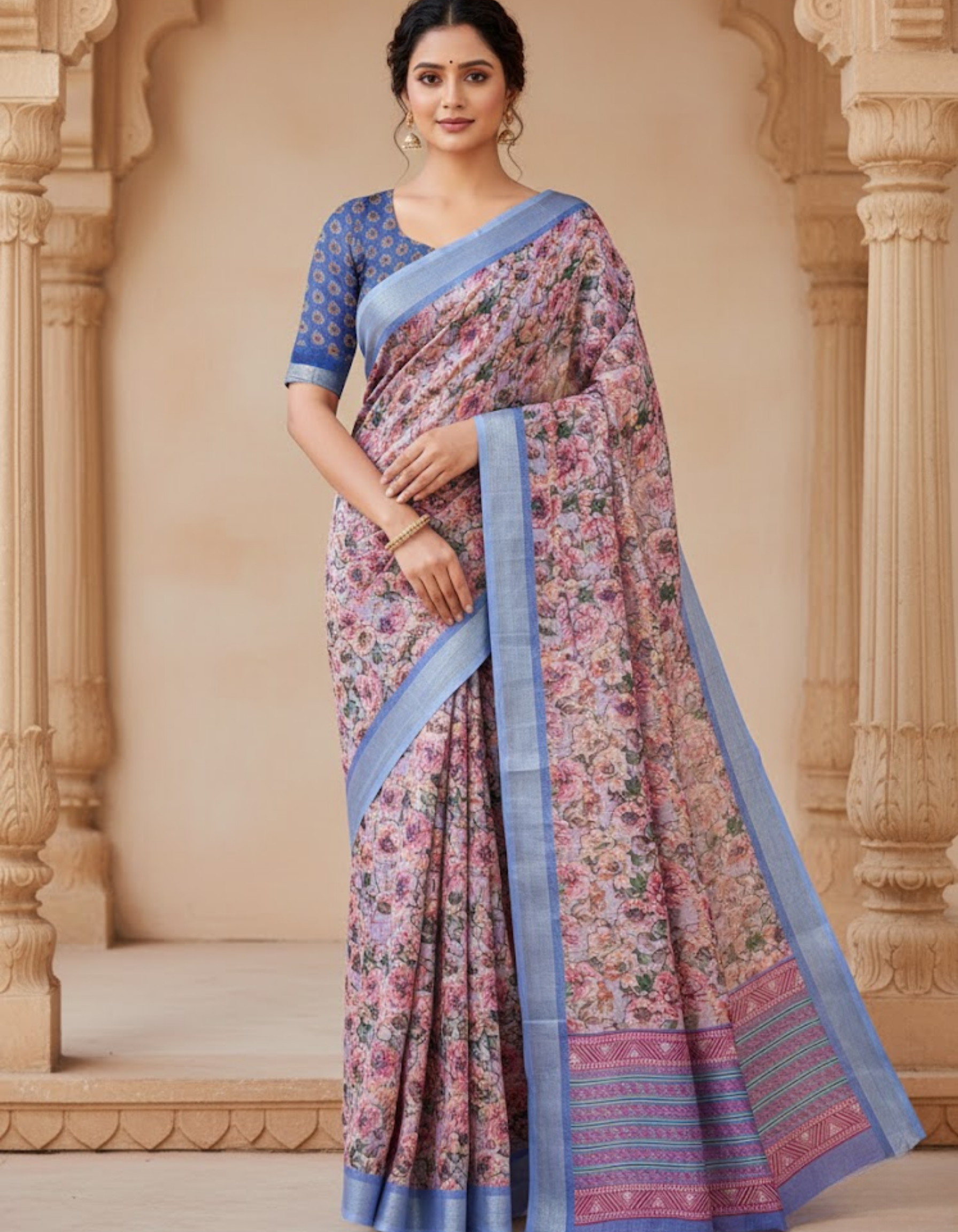 Linen Cotton Saree with Zari Weave Border & Floral Digital Prints