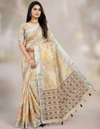 Linen Cotton Saree with Floral Digital Prints
