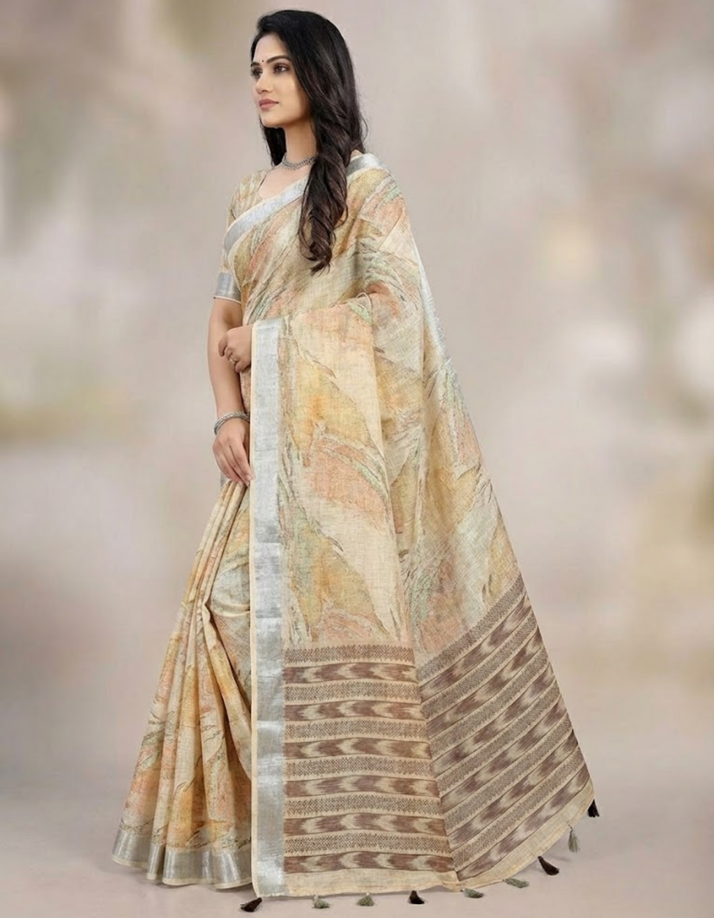 Linen Cotton Saree with Floral Digital Prints