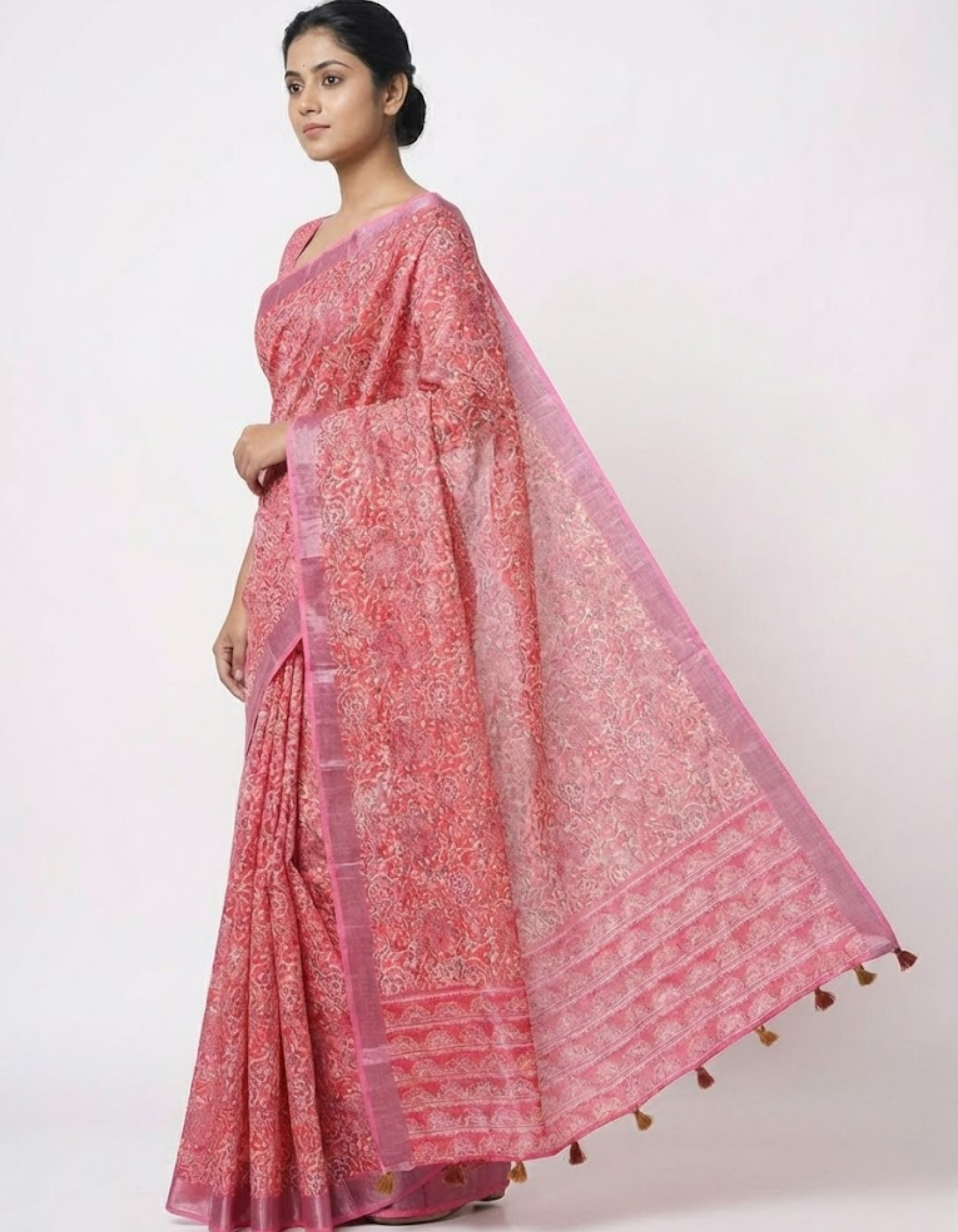 Linen Cotton Saree with Floral Digital Prints