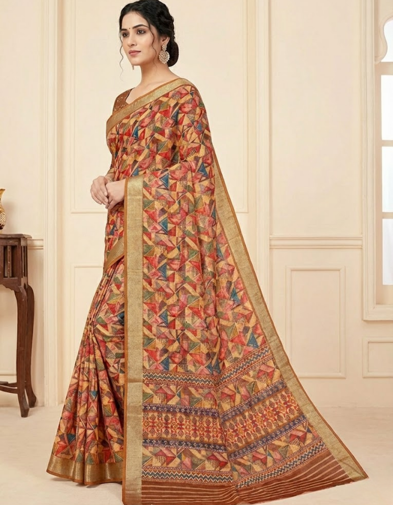 Linen Cotton Saree with Zari Weave Border & Geometric Digital Prints
