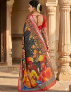 Soft Linen Cotton Saree with Batik Digital Prints & Silver Zari Border