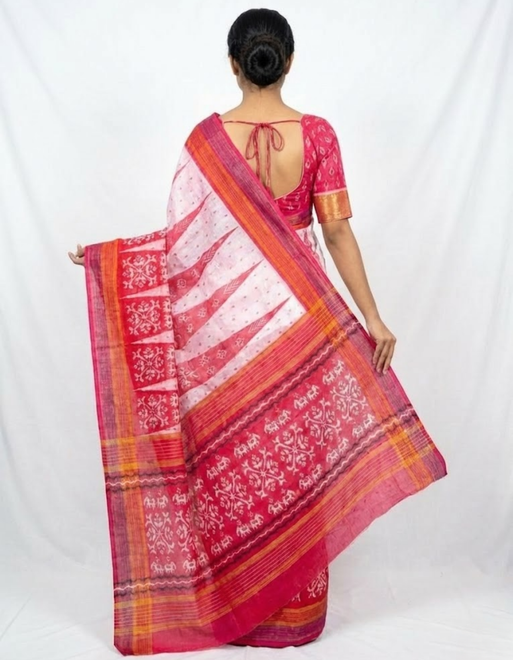 Soft Linen Cotton Saree with Ikkat Digital Prints & Silver Zari Border