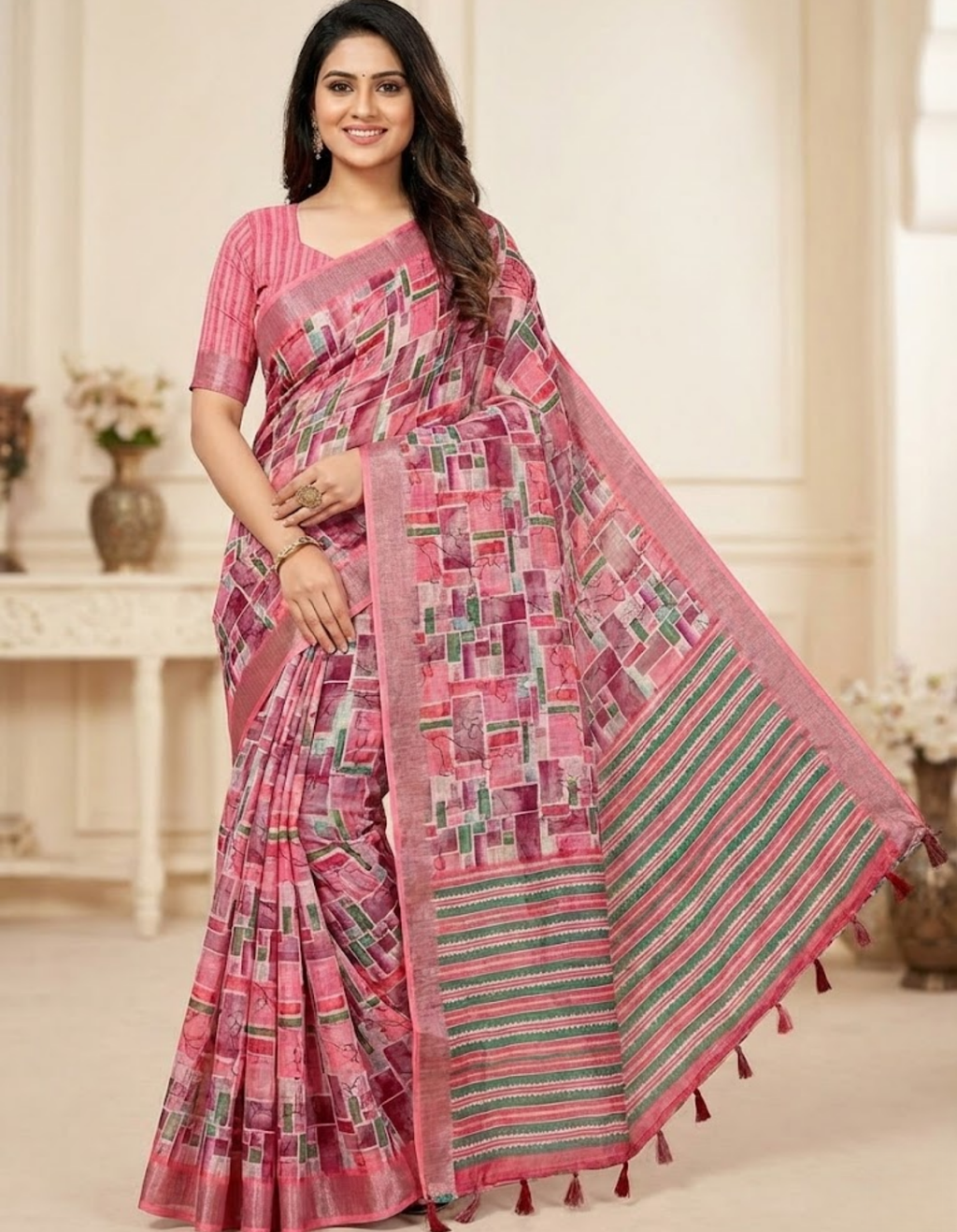 Linen Cotton Saree with Floral Digital Prints