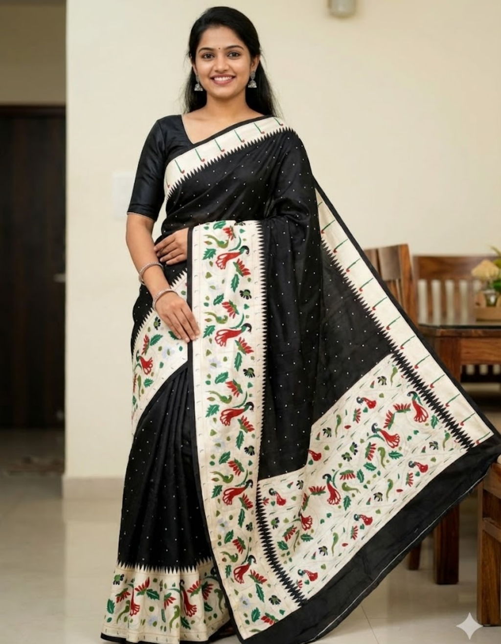Black Soft Silk Saree with Paithani Digital Print