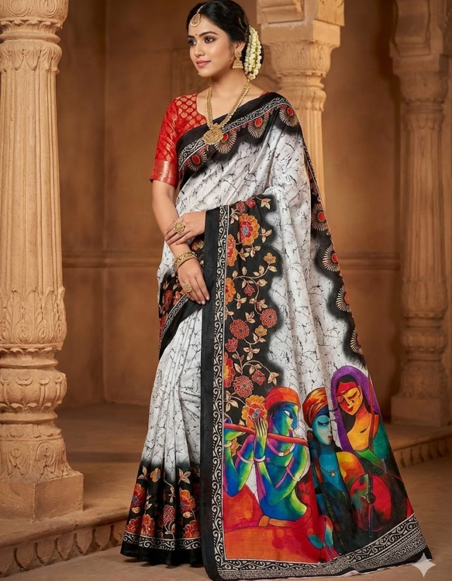 Soft Linen Cotton Saree with Batik Digital Prints & Silver Zari Border