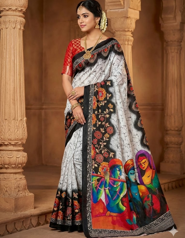 Soft Linen Cotton Saree with Batik Digital Prints & Silver Zari Border