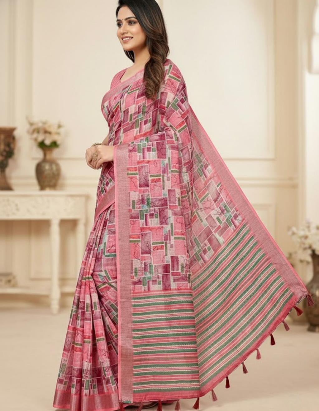 Linen Cotton Saree with Floral Digital Prints