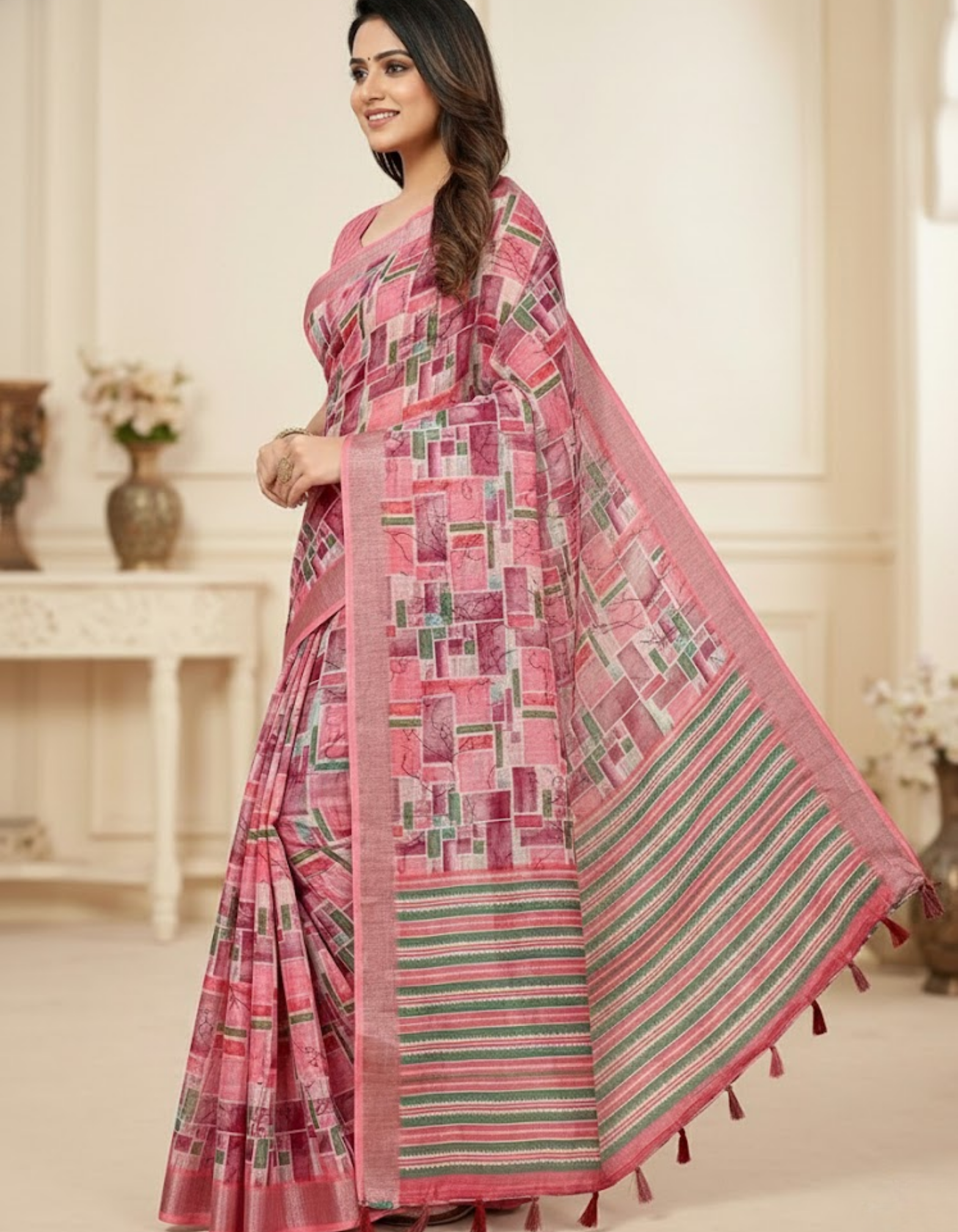 Linen Cotton Saree with Floral Digital Prints