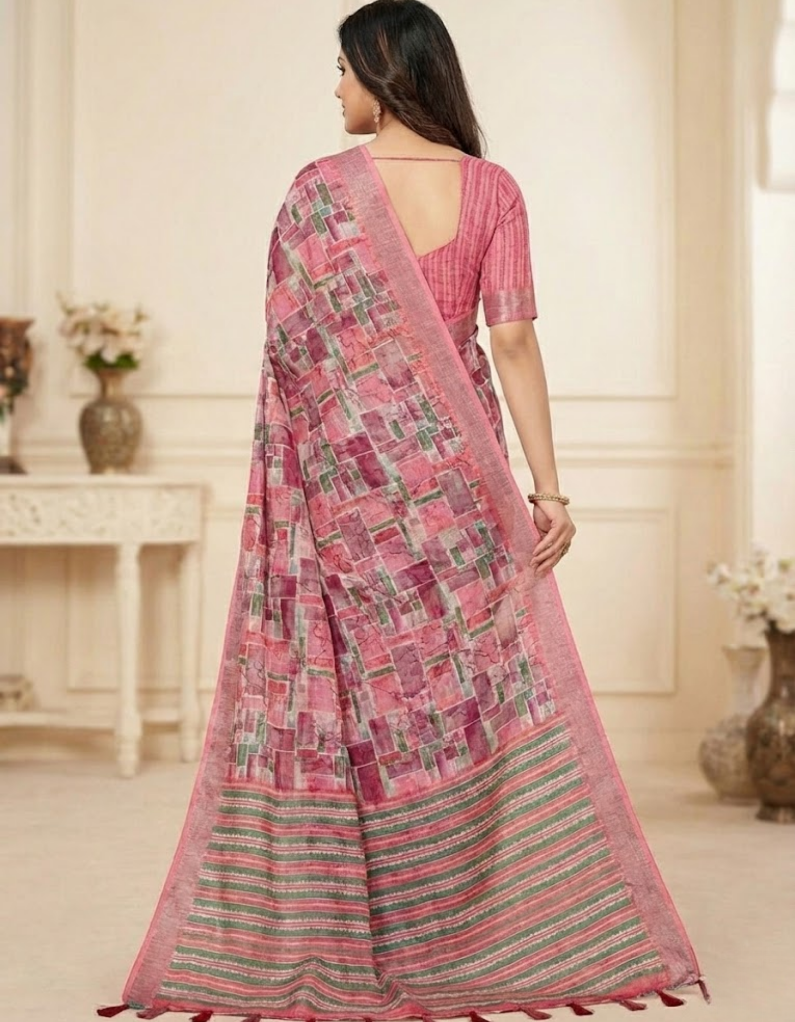 Linen Cotton Saree with Floral Digital Prints