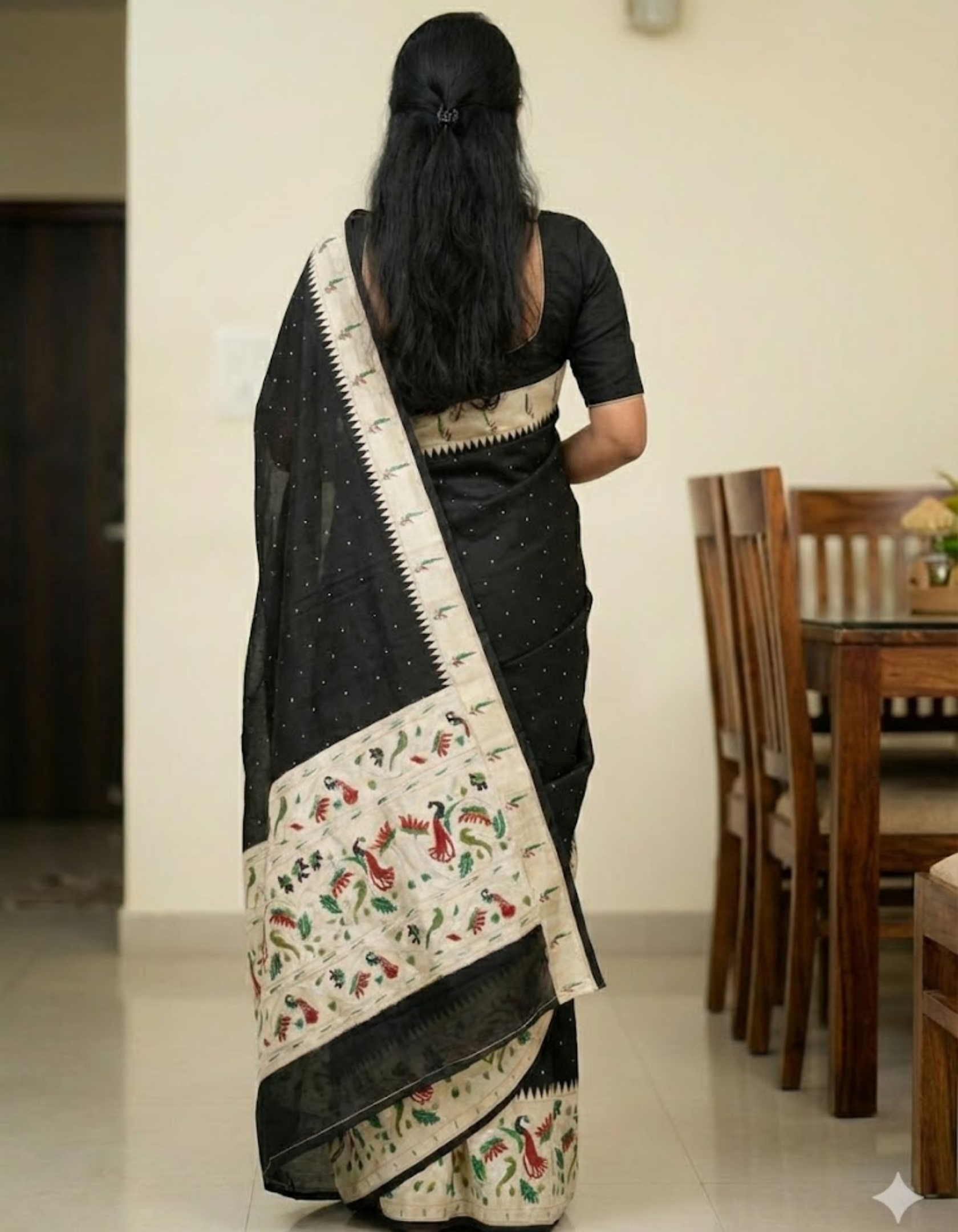 Black Soft Silk Saree with Paithani Digital Print