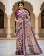 Linen Cotton Saree with Zari Weave Border & Floral Digital Prints