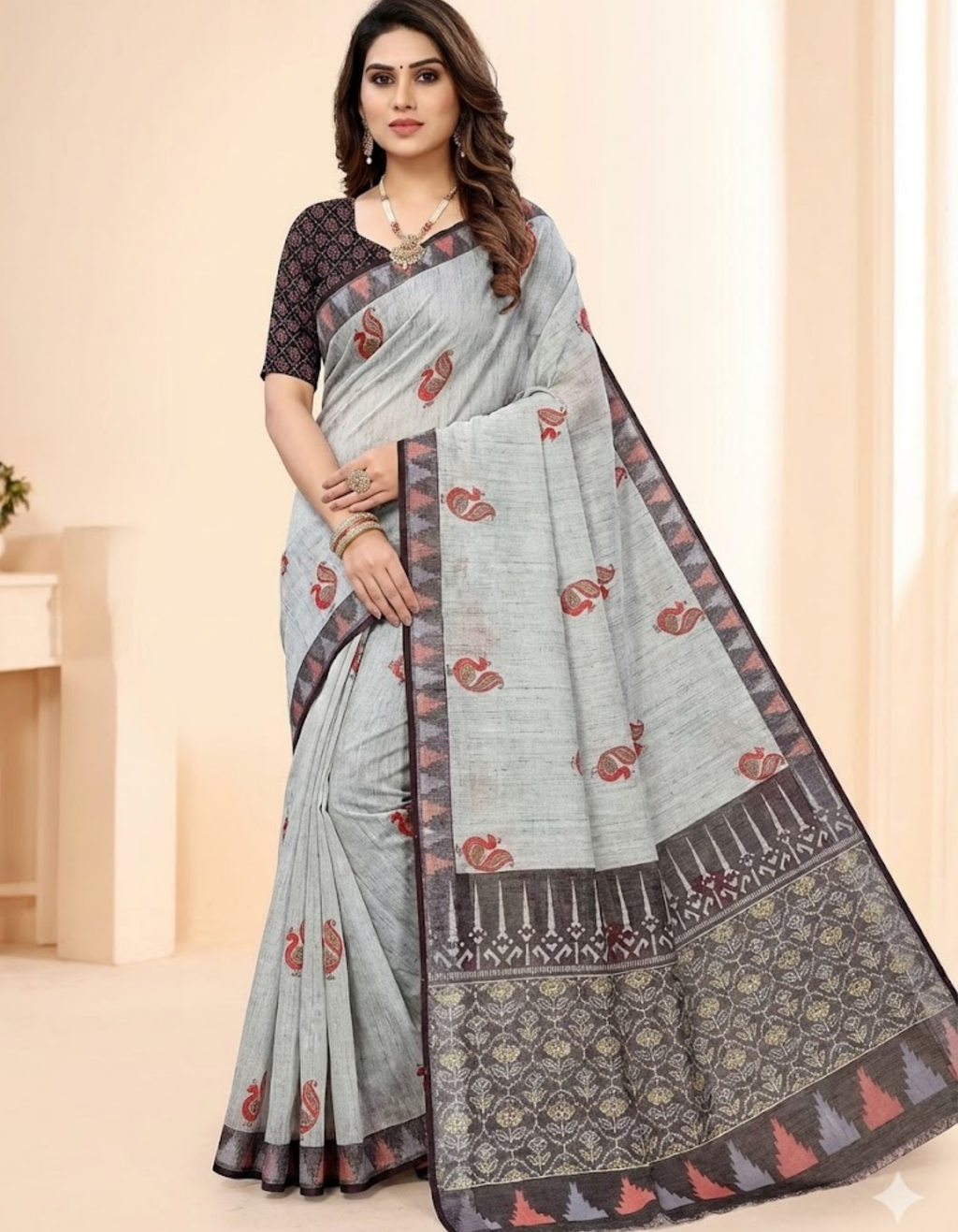 Soft Linen Cotton Saree with Animal Digital Prints & Silver Zari Border