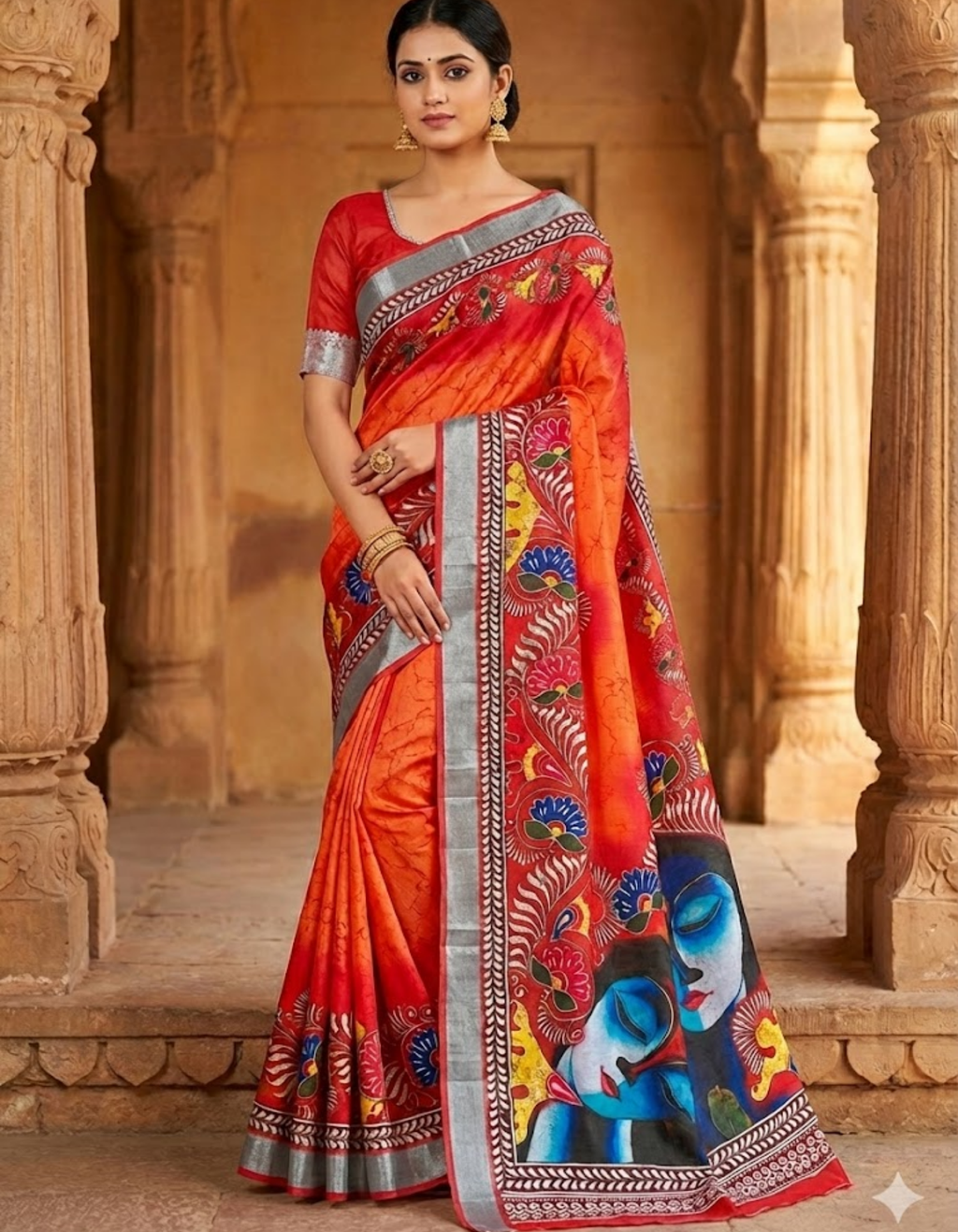 Soft Linen Cotton Saree with Batik Digital Prints & Silver Zari Border