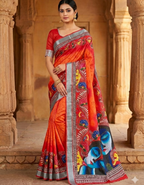 Soft Linen Cotton Saree with Batik Digital Prints & Silver Zari Border