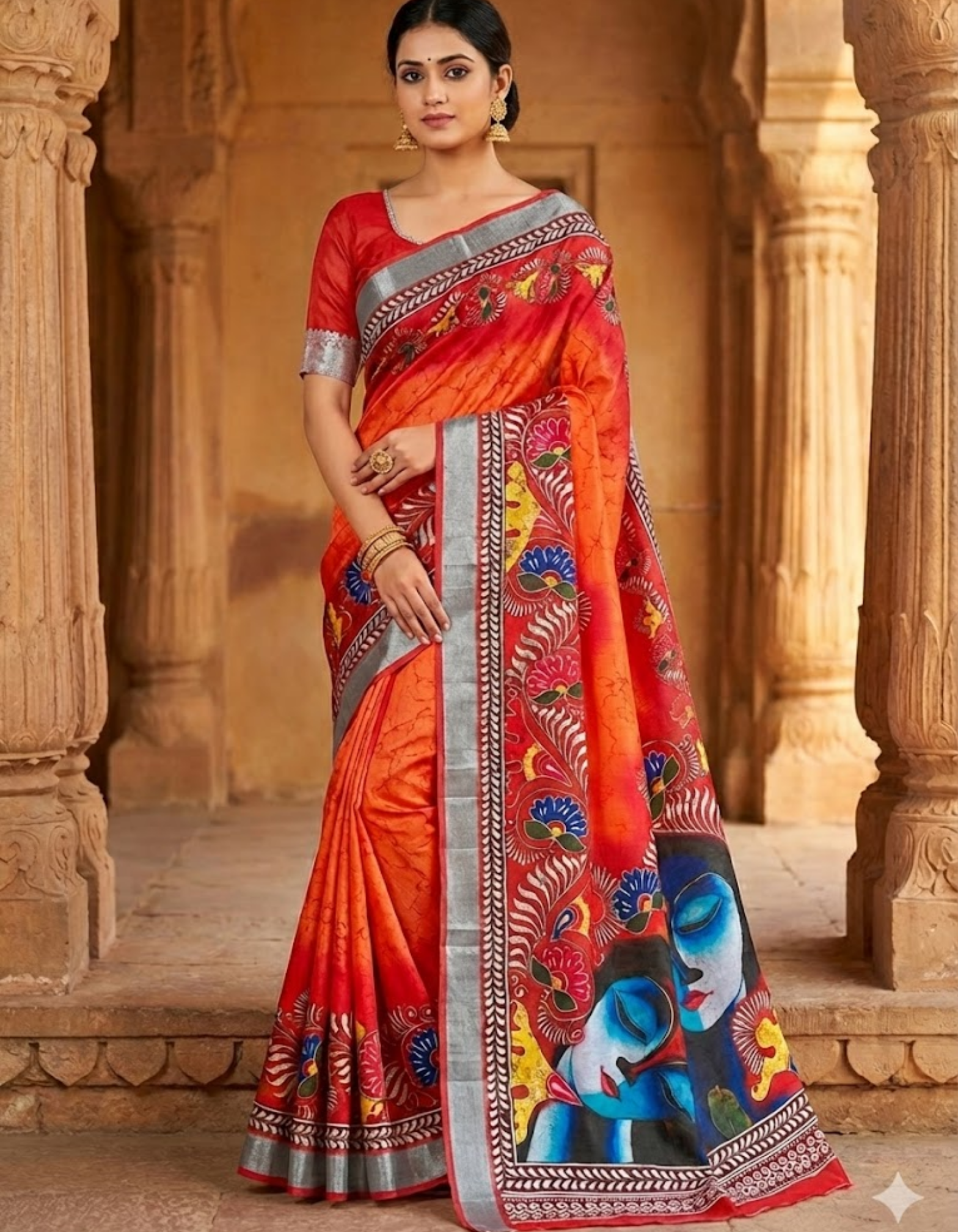 Soft Linen Cotton Saree with Batik Digital Prints & Silver Zari Border