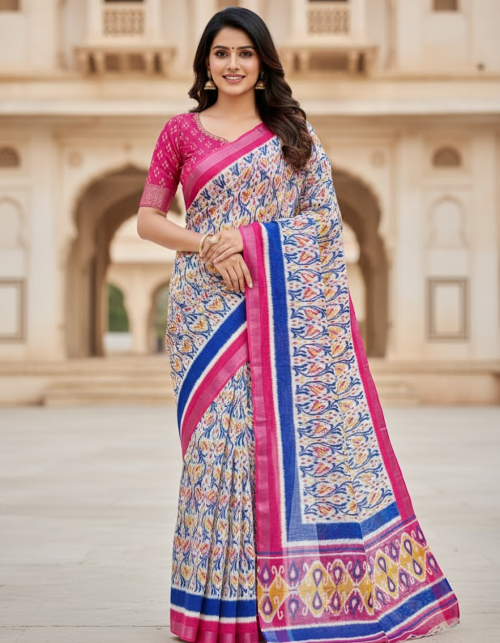 Soft Linen Cotton Saree with Ikkat Digital Prints & Silver Zari Border
