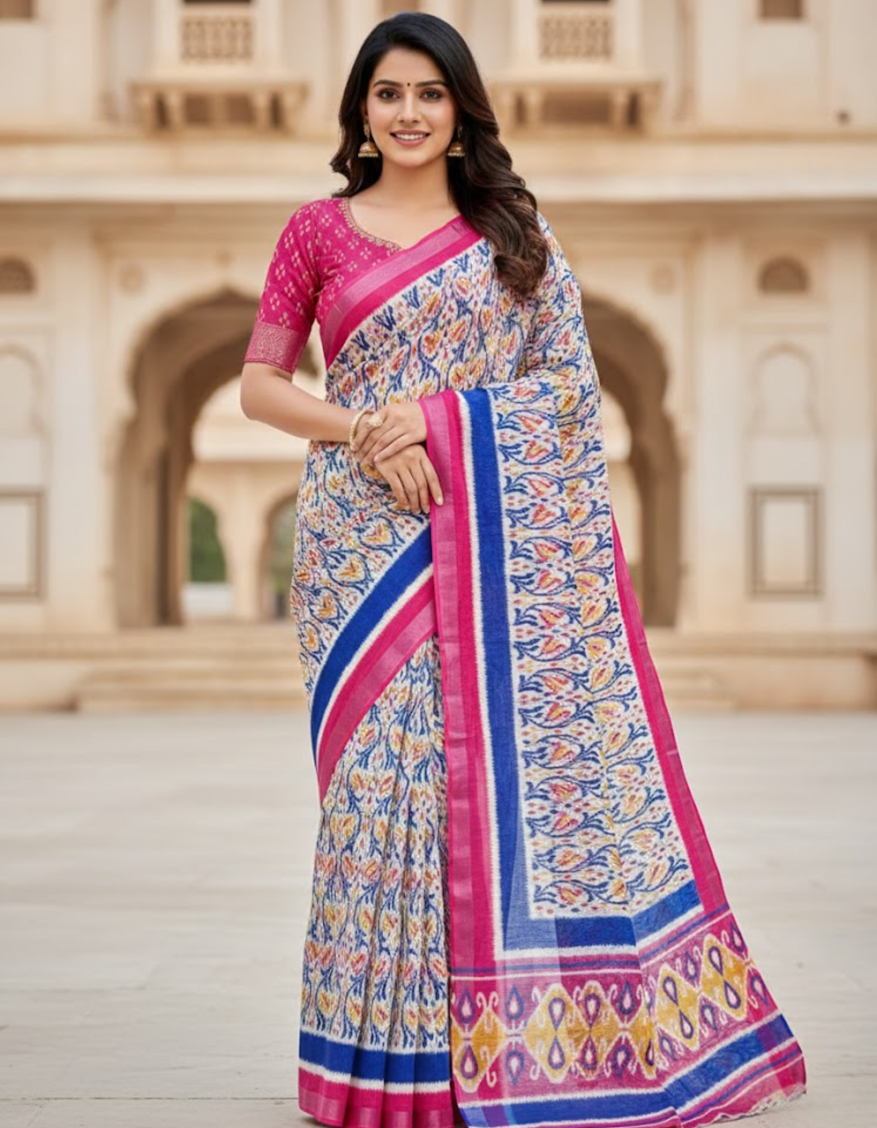Soft Linen Cotton Saree with Ikkat Digital Prints & Silver Zari Border