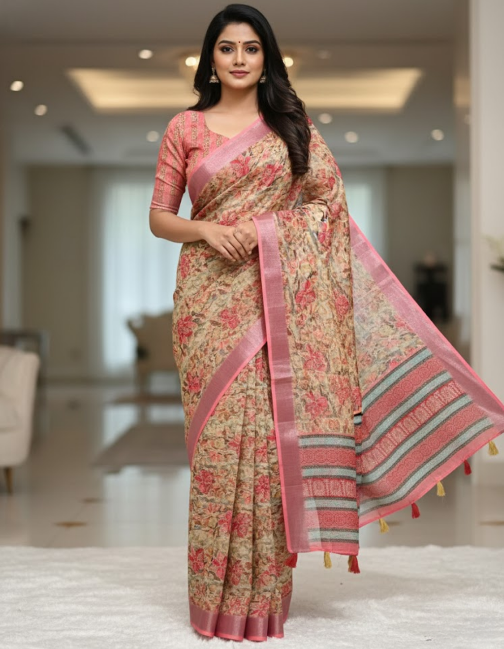 Linen Cotton Saree with Floral Digital Prints